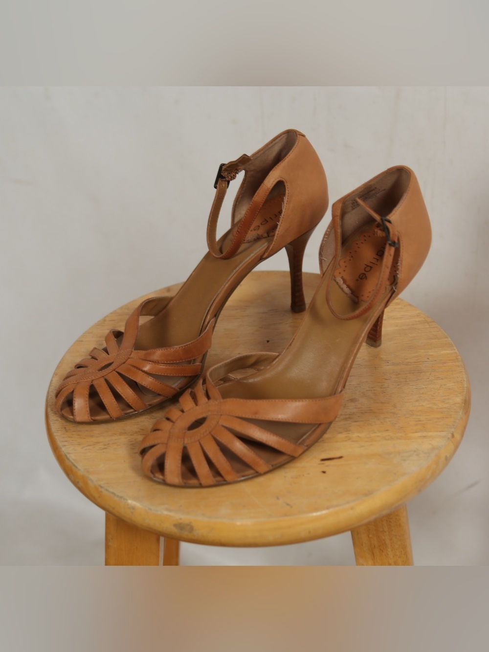 Maripe Cognac Brown Strappy Leather Heels with Ankle Buckle